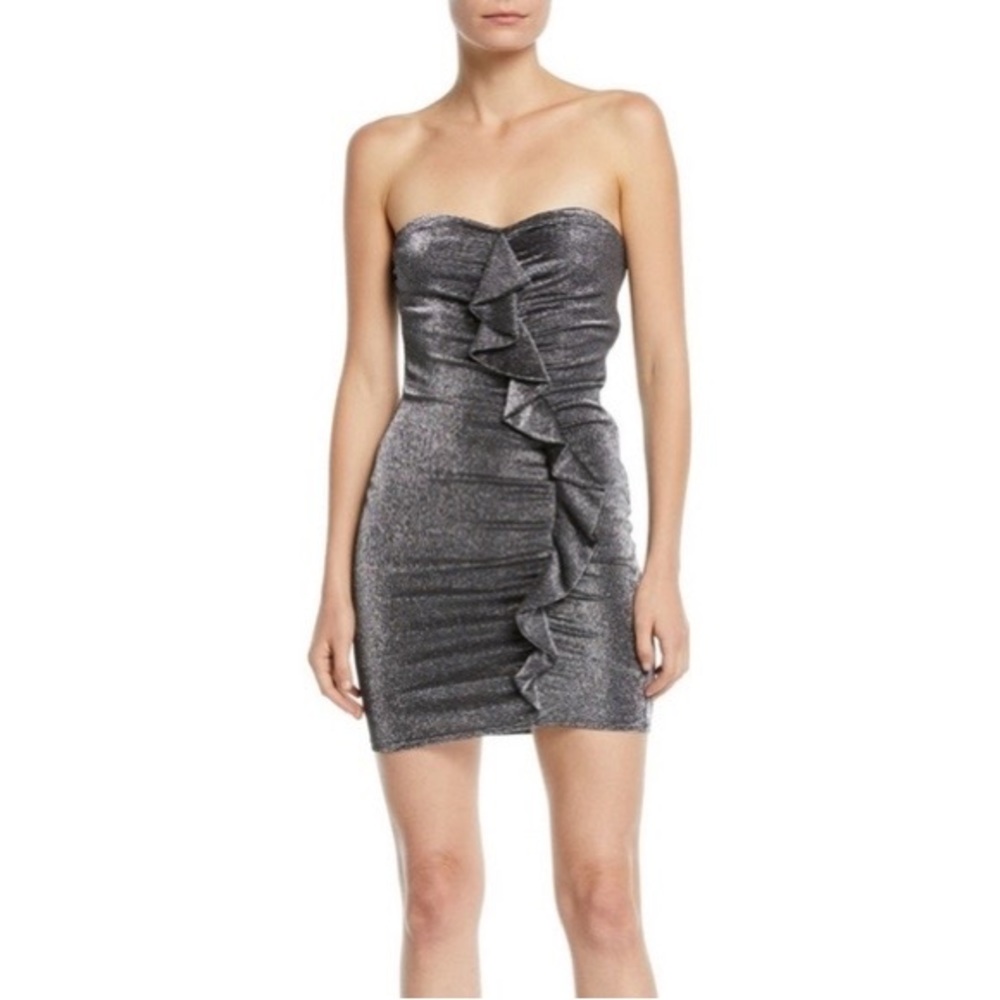 NWT Likely Mini Ali Silver Metallic Strapless Stretch Bodycon Dress, 10